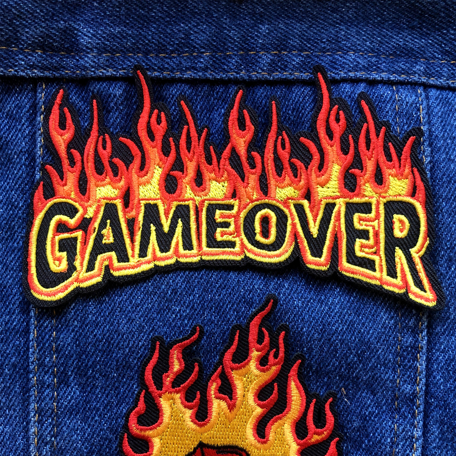 Game over embroidered patch, flame patch, gamer patch, gaming patch, fire patch