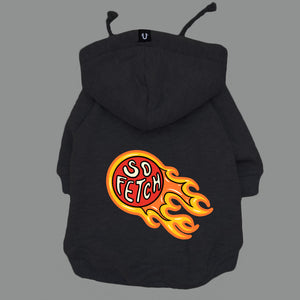 Qualility dog hoodies by Pethaus and Ginger Taylor designed in Australia Black dog hoodie with so fetch print