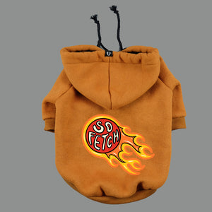 Qualility dog hoodies by Pethaus and Ginger Taylor designed in Australia Tan dog hoodie so fetch print