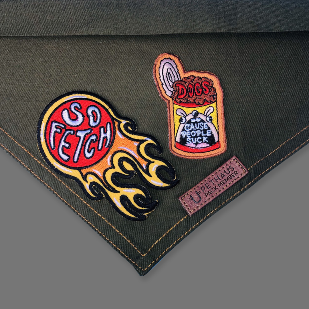 Dog bandana australia, green dog bandana with patches, patched dog bandana by Pethaus and Ginger Taylor