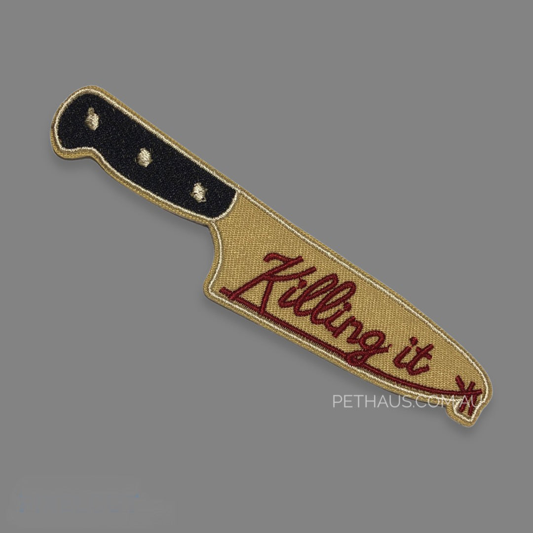 knife patch, embroidered knife patch, killing it patch, patch for dog vest. 