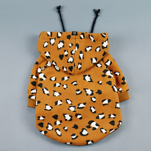 leopard print dog hoodie by Pethaus Australia designed to fit large and small dogs