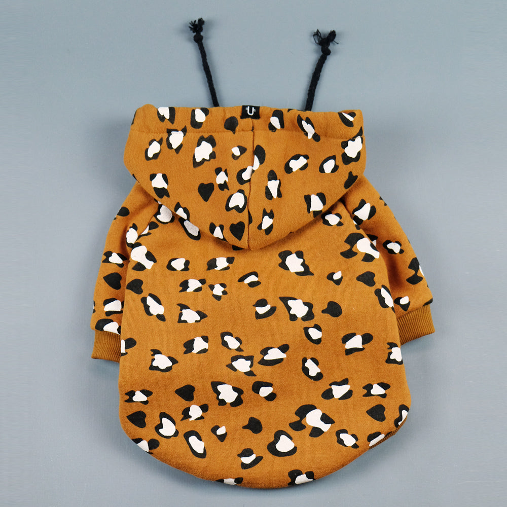 leopard print dog hoodie by Pethaus Australia designed to fit large and small dogs