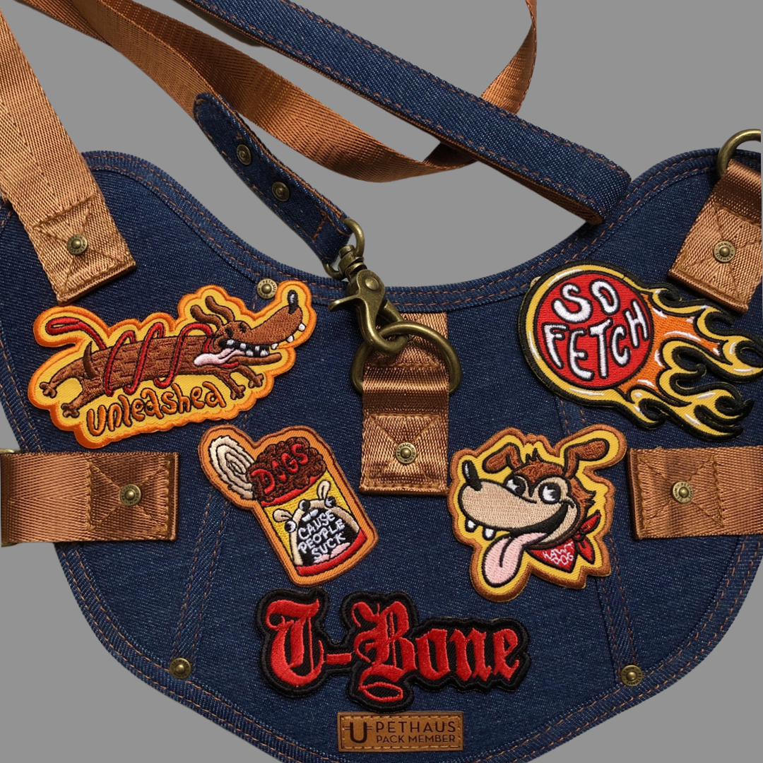 Dog harness, denim dog harness with patches by Pethaus and Ginger Taylor