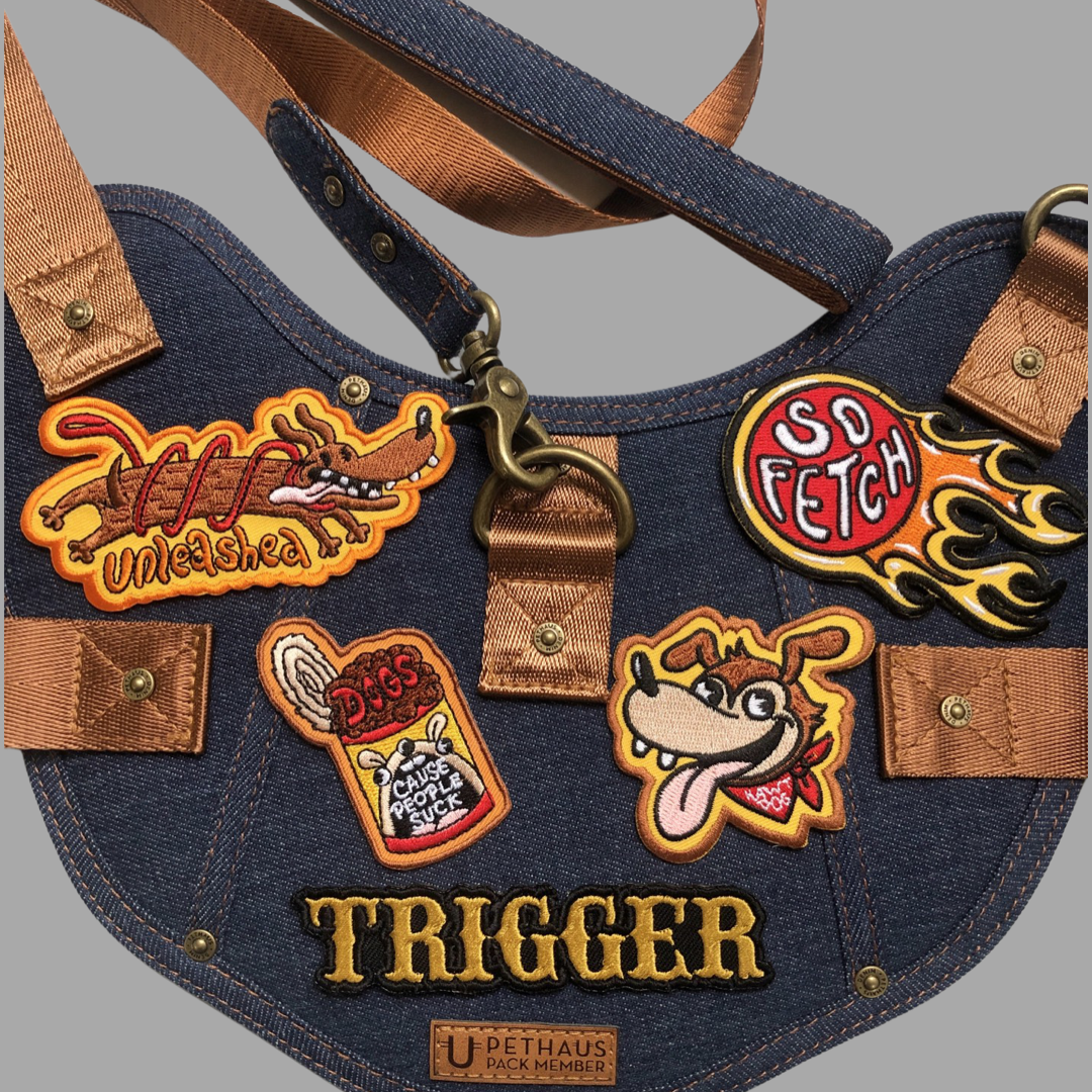 Dog harness, denim dog harness with patches by Pethaus and Ginger Taylor