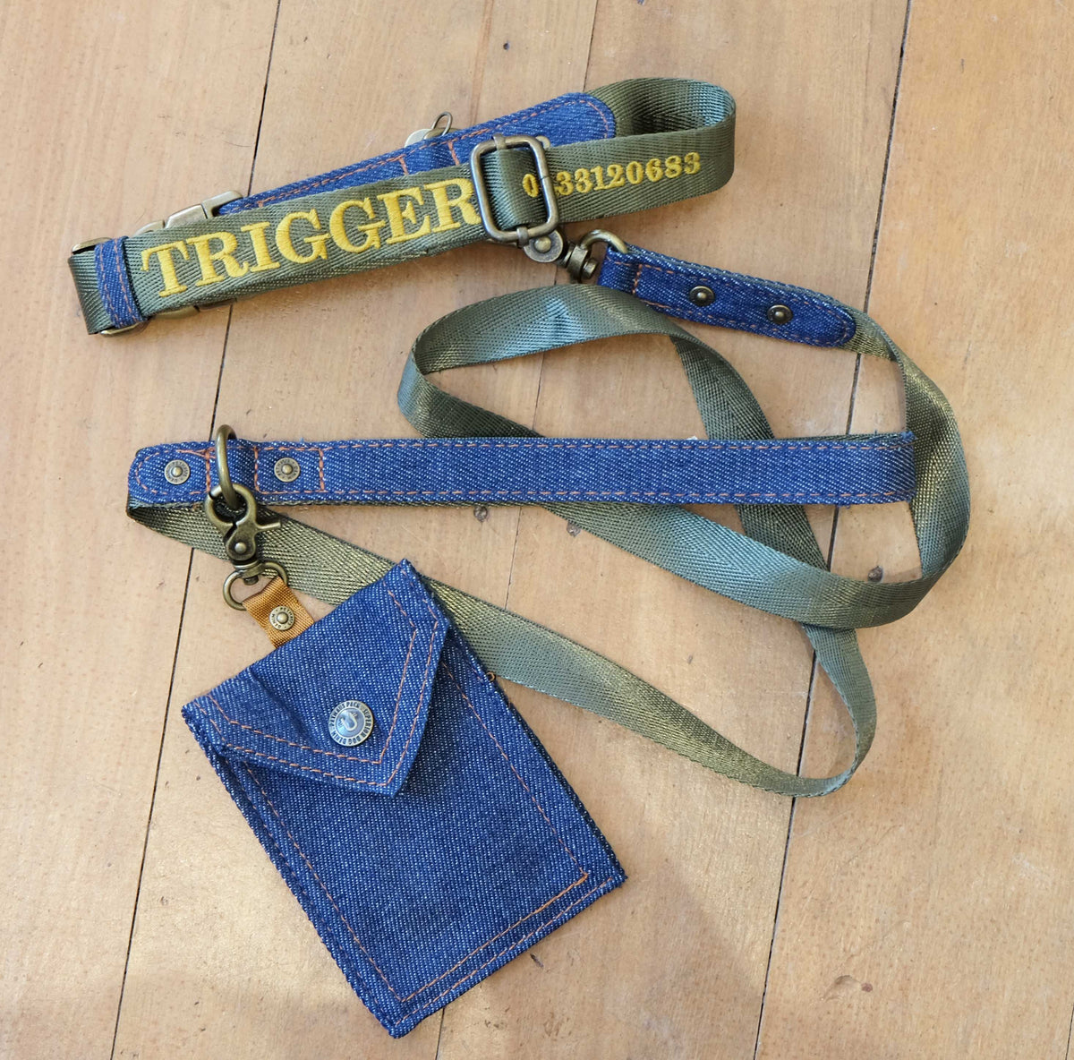 Personalised dog collar with embroidered name, Olive green dog collar, matching dog collar and leash set, denim dog collar, Id dog collar