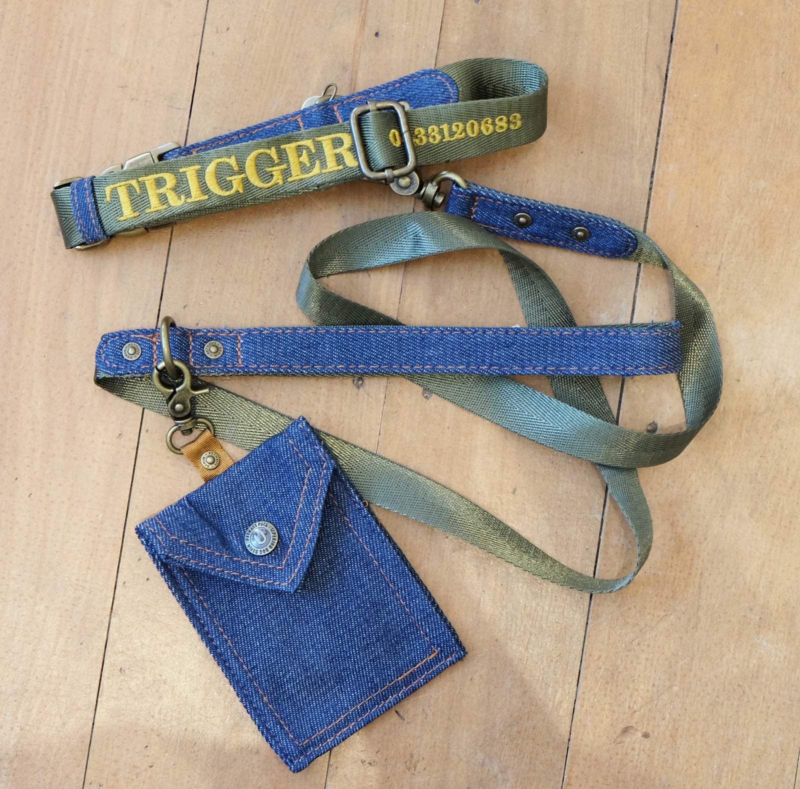 Personalised dog collar with embroidered name, Olive green dog collar, matching dog collar and leash set, denim dog collar, Id dog collar