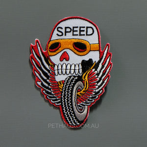 Speed demon patch, racing patch, thrillhaus patch, rockabilly patch, skull patch, Pethaus