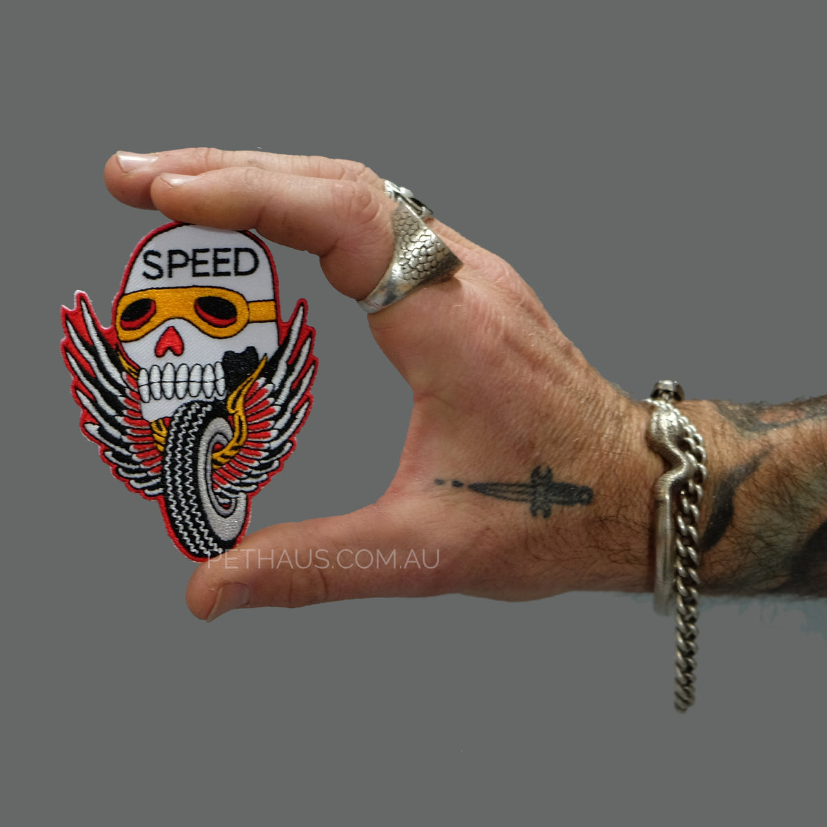 Speed demon patch, racing patch, thrillhaus patch, rockabilly patch, skull patch, Pethaus, 