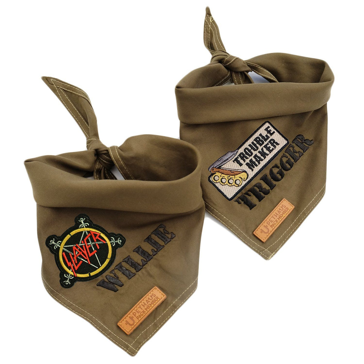 Personalised Dog Bandana, Army green dog bandana, khaki dog bandana, dog bandana with patches, dog patches, service dog