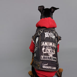 Heavy Metal dog, denim dog vest, red dog hoodie, by Pethaus