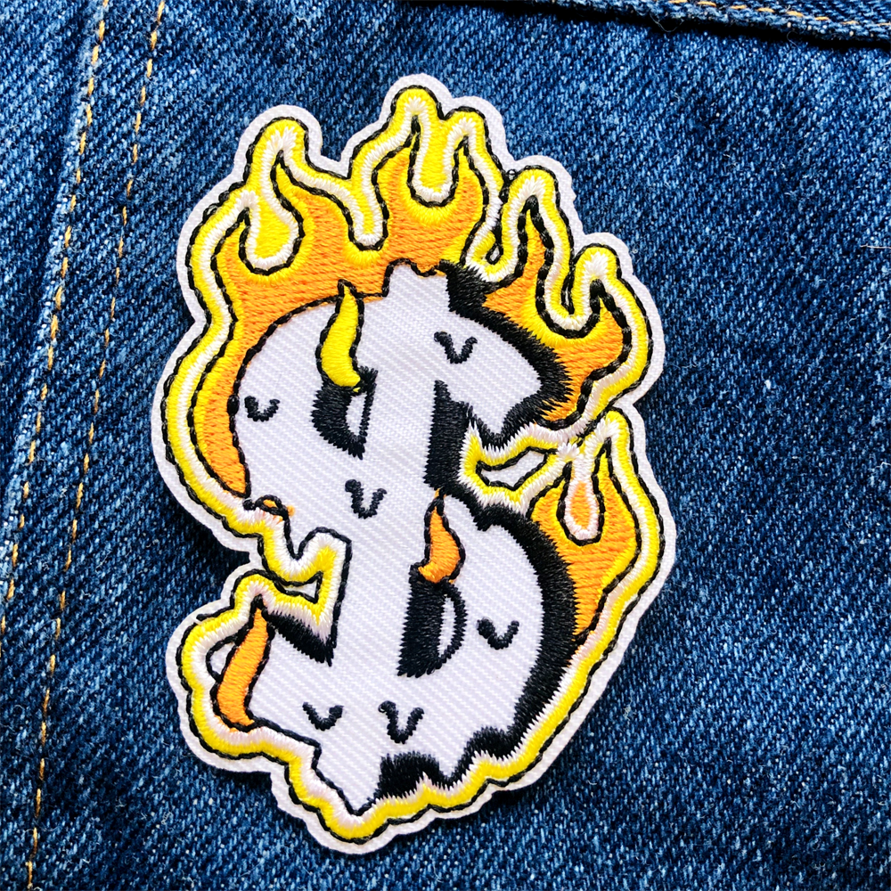 dollar sign embroidered patch, money patch, burning dollar sign patch
