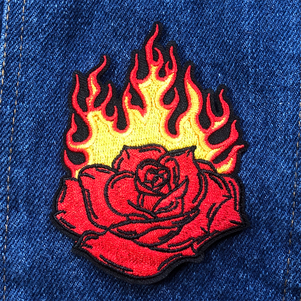 burning rose embroidered patch, rose patch, flame patch