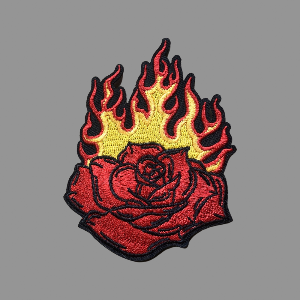 burning rose embroidered patch, rose patch, flame patch