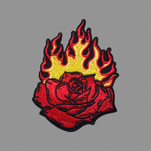 burning rose embroidered patch, rose patch, flame patch
