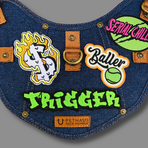 dog harness with patches, custom name patches, service dog vest, denim dog harness