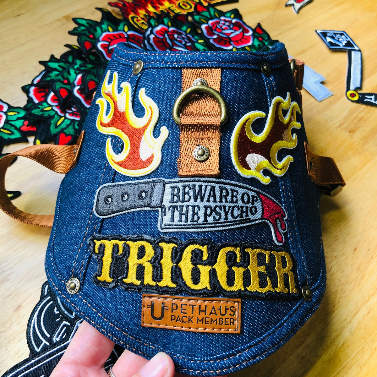 denim dog harness, battle harness, dog vest with patches