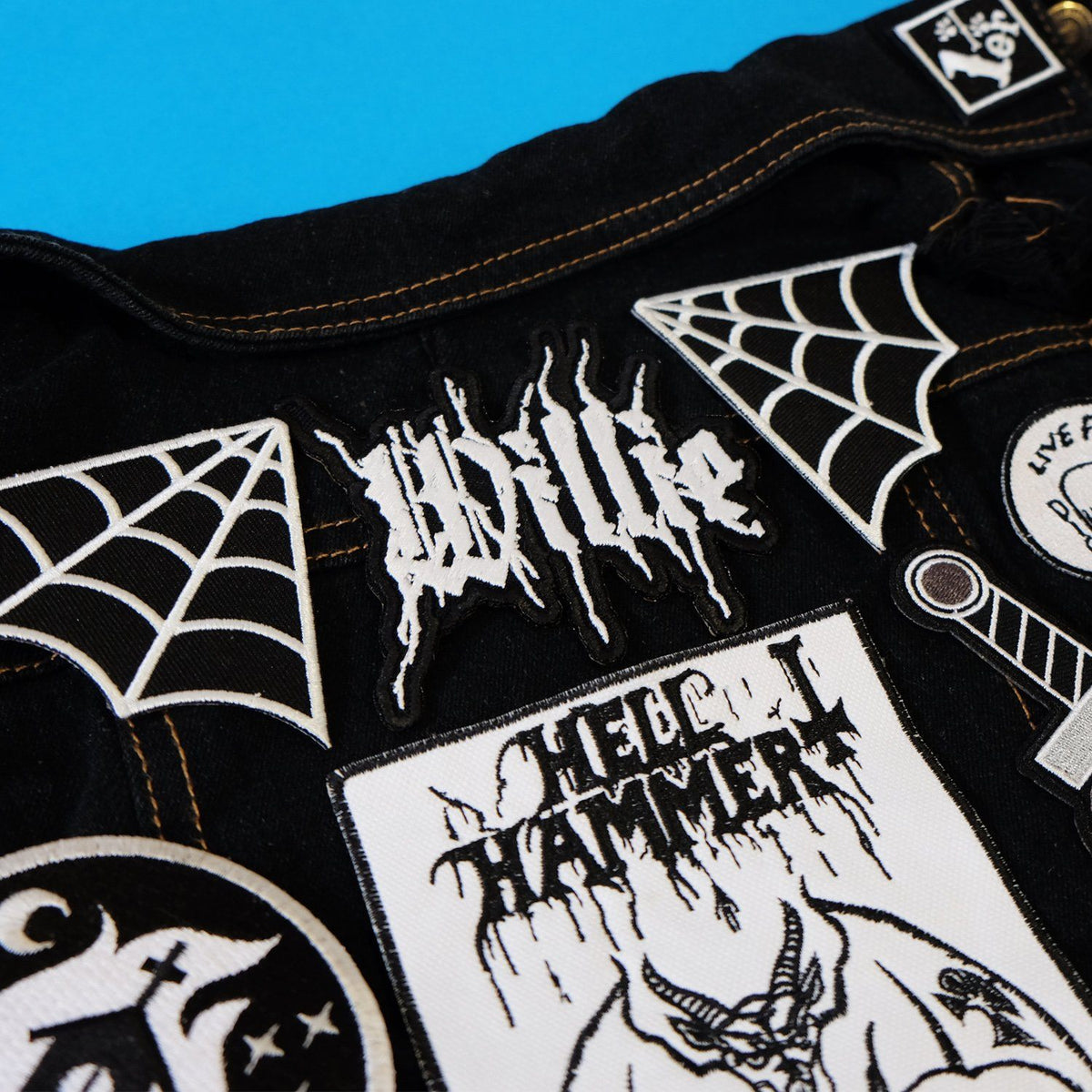 Custom patch, black metal patch, denim dog vest, dog denim, heavy metal dog, denim dog jacket