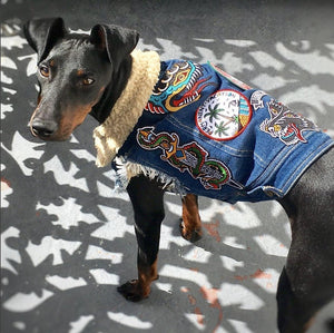 denim dog vest, battle jacket for dog, fleece lined dog vest