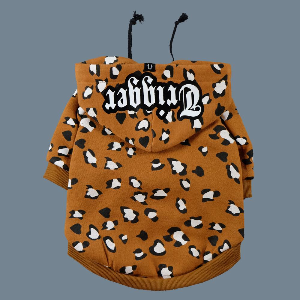 personalised dog hoodie, customised dog hoodie, personalised dog coat, tan dog hoodie, pethaus, brown dog hoodie, leopard print dog hoodie