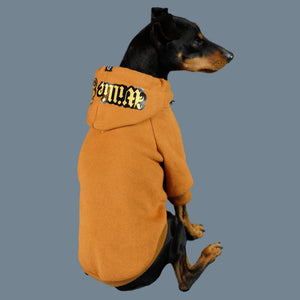 personalised dog hoodie, customised dog hoodie, personalised dog coat, tan dog hoodie, pethaus, brown dog hoodie, leopard print dog hoodie