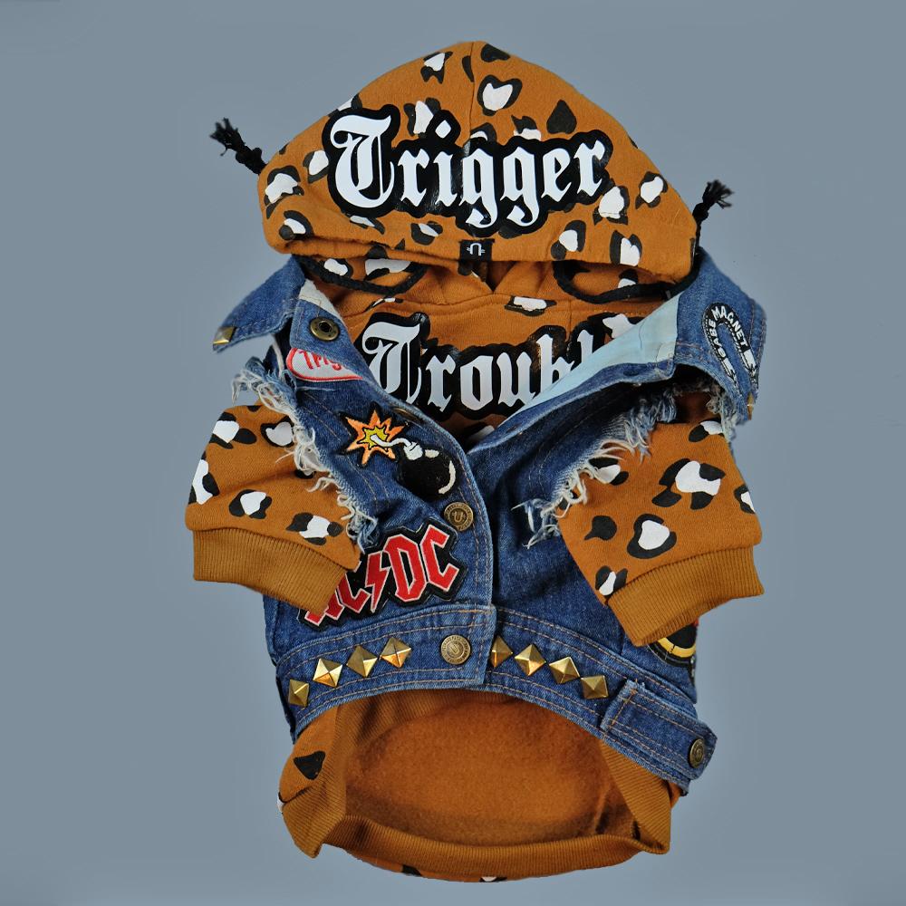 Denim Dog Vest, Denim dog Jacket,Leopard print dog hoodie, personalised dog hoodie, tan dog hoodie, Pethaus, Custom dog hoodie, dog sweatshirt, Pethaus, designer dog coat, dog coat