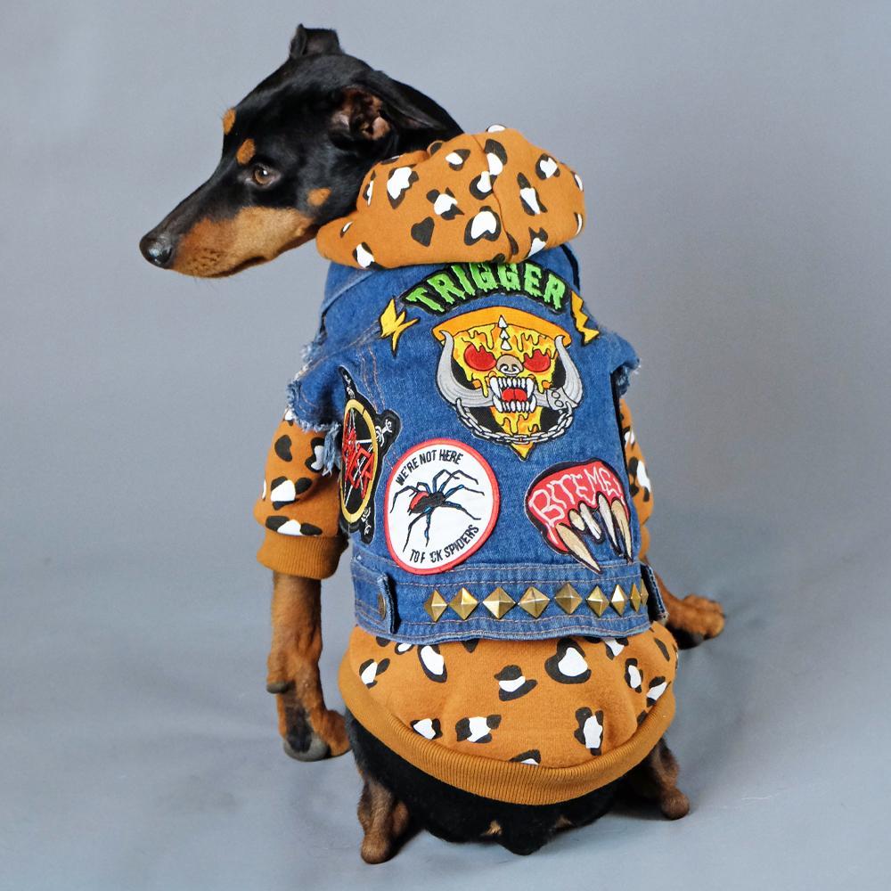 Dog battle jacket, denim dog vest, denim dog jacket, Pethaus, dog denim, patched dog coat, Leopard print dog hoodie, cool dog coat, rock dog,