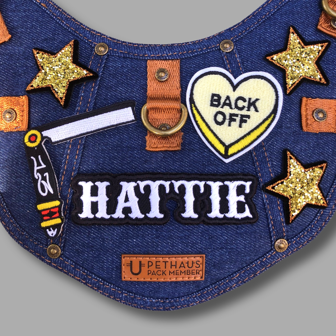 denim dog harness, dog harness with name patch, dog denim