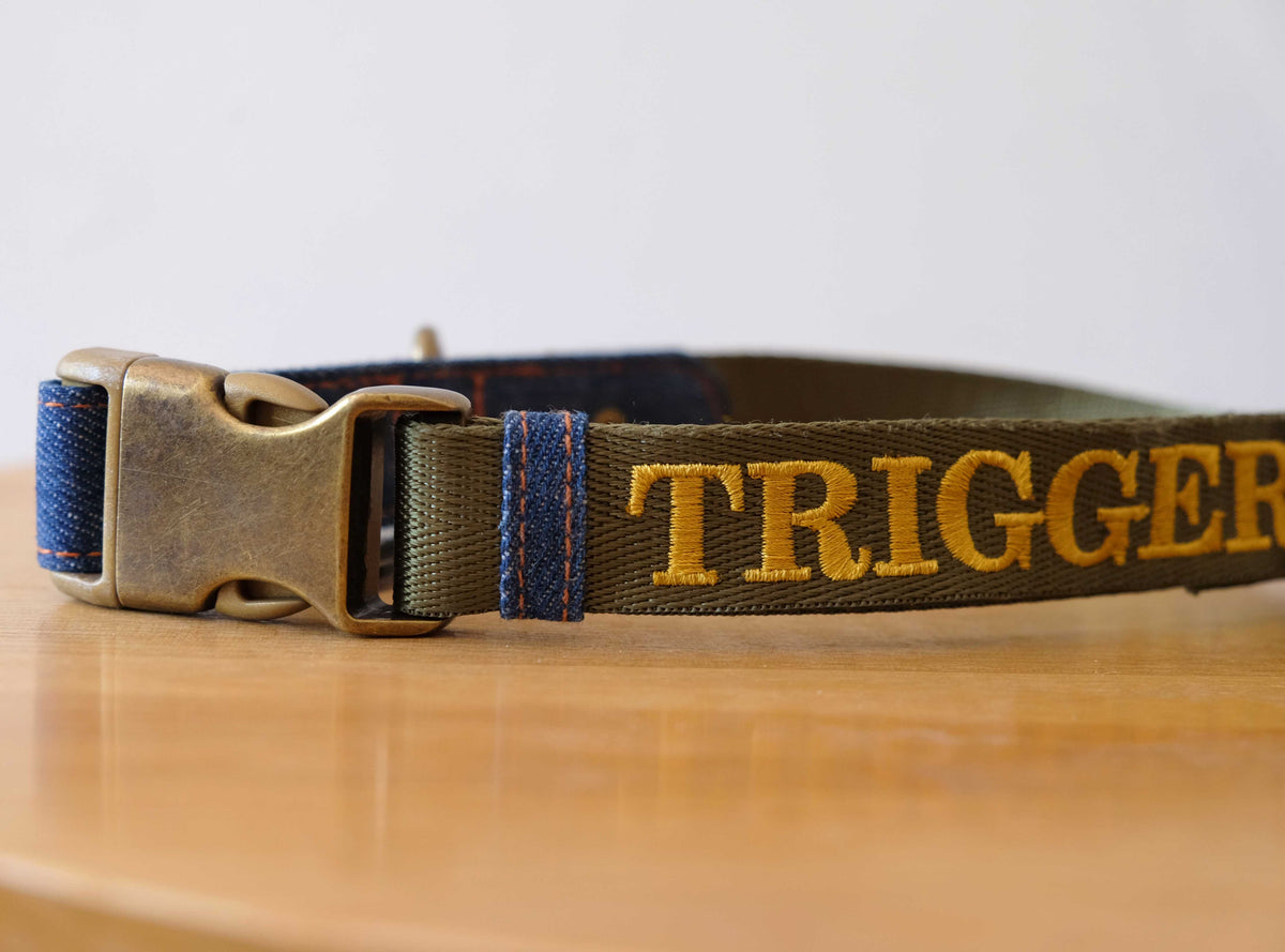 Olive green dog collar with personalised name, embroidered dog collar, id dog collar made in Australia