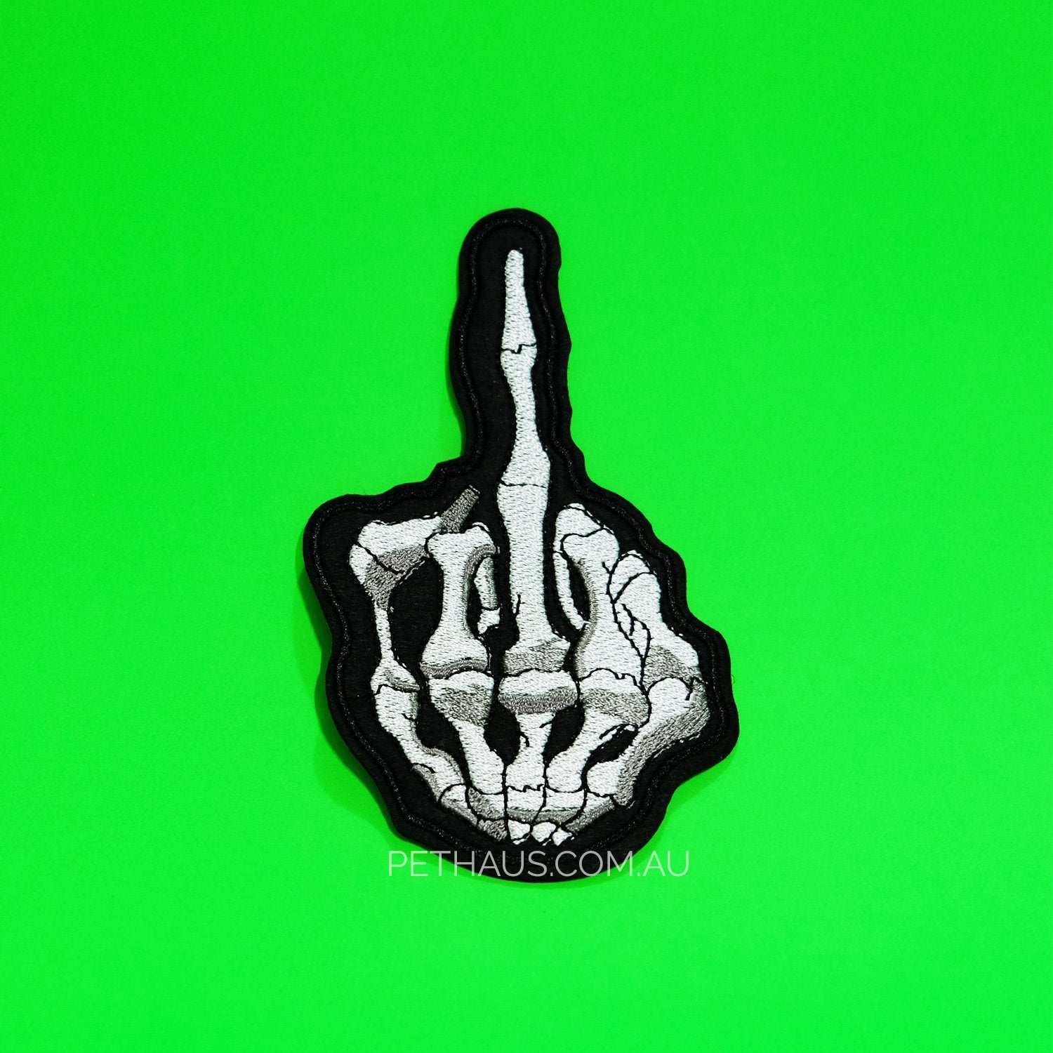 skeleton middle finger patch, embroidered patch, fuck you patch