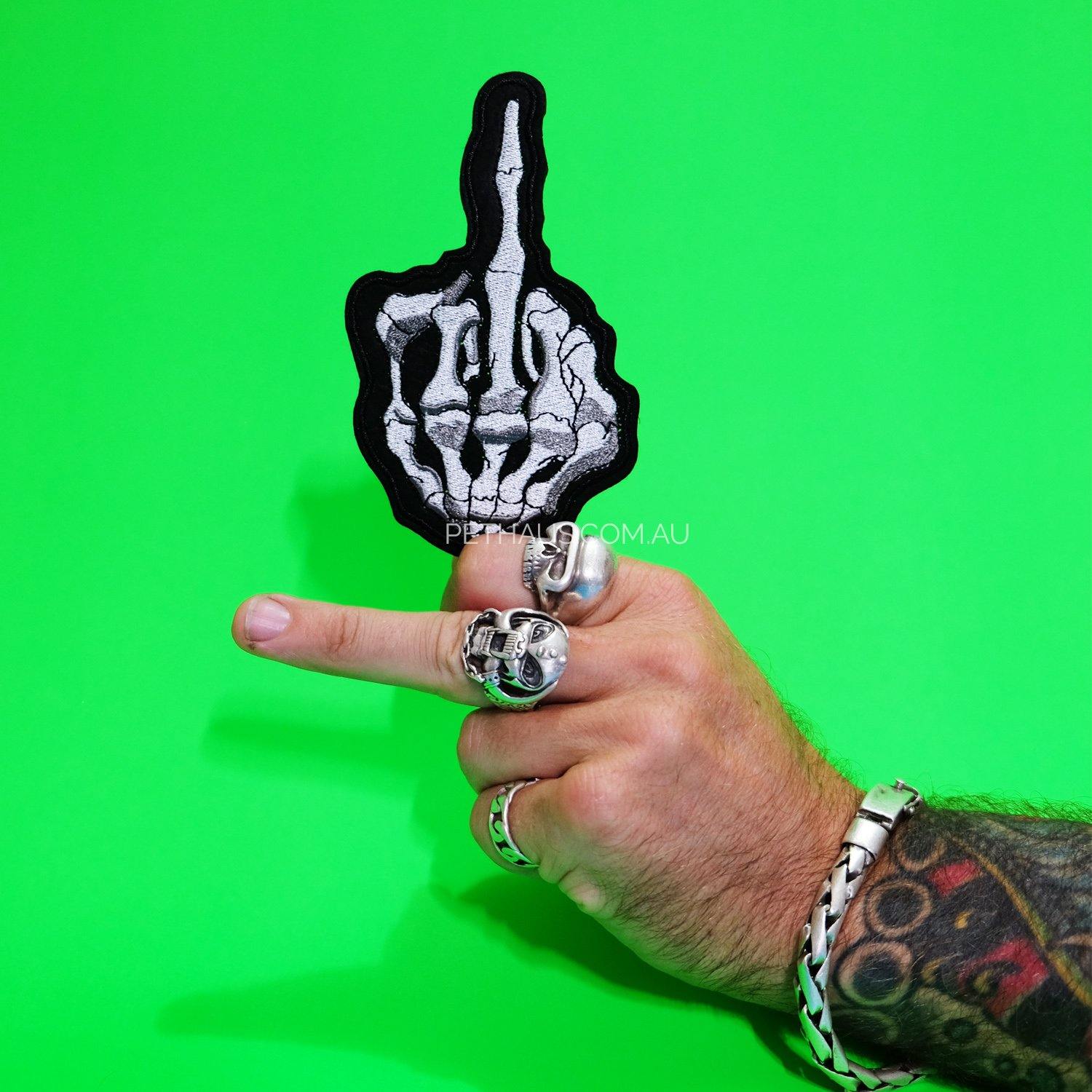 skeleton middle finger patch, embroidered patch, fuck you patch
