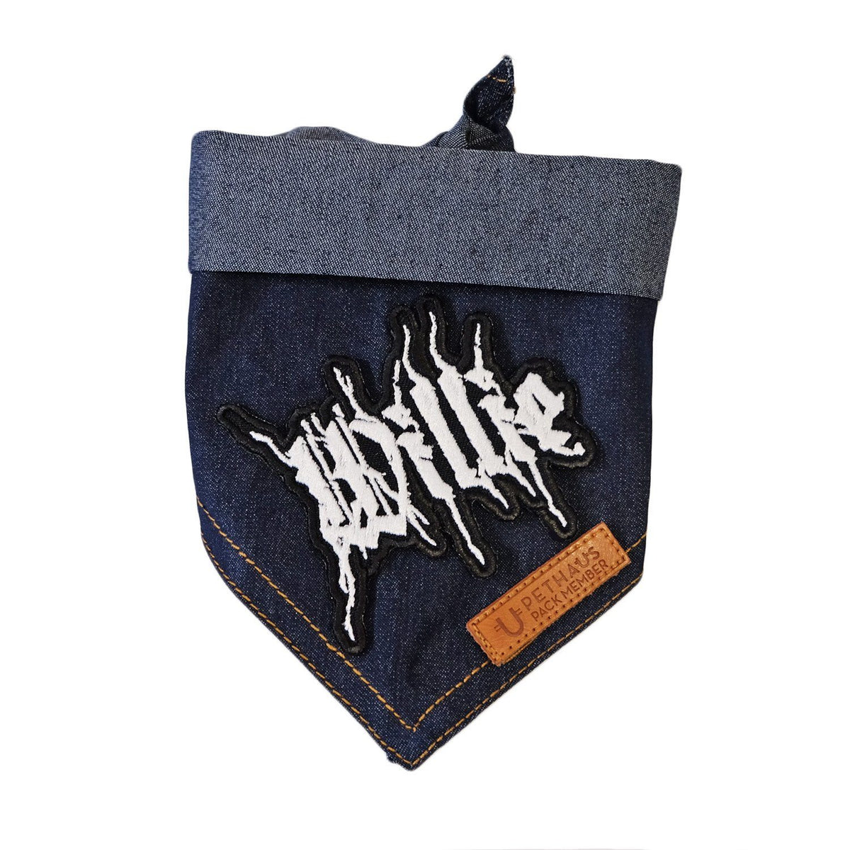 Dog denim, denim dog bandana, personalised dog bandana, custom patch, custom name patch, heavy metal dog, black metal dog