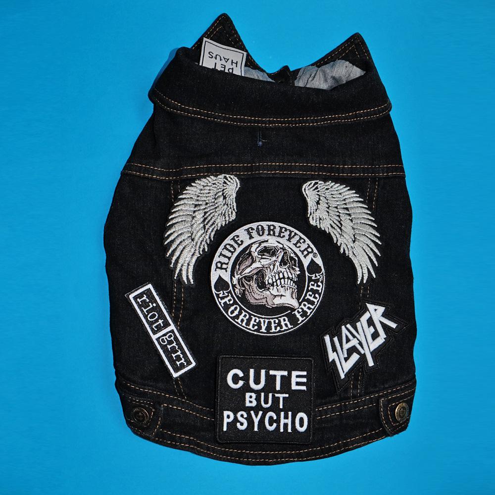 denim dog vest, custom denim dog vest, black denim dog jacket,  patched dog jacket 