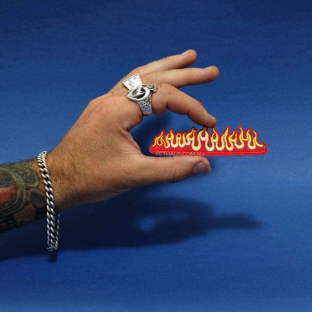 fire patch, flames patch, dog patch, denim dog vest patch, pethaus