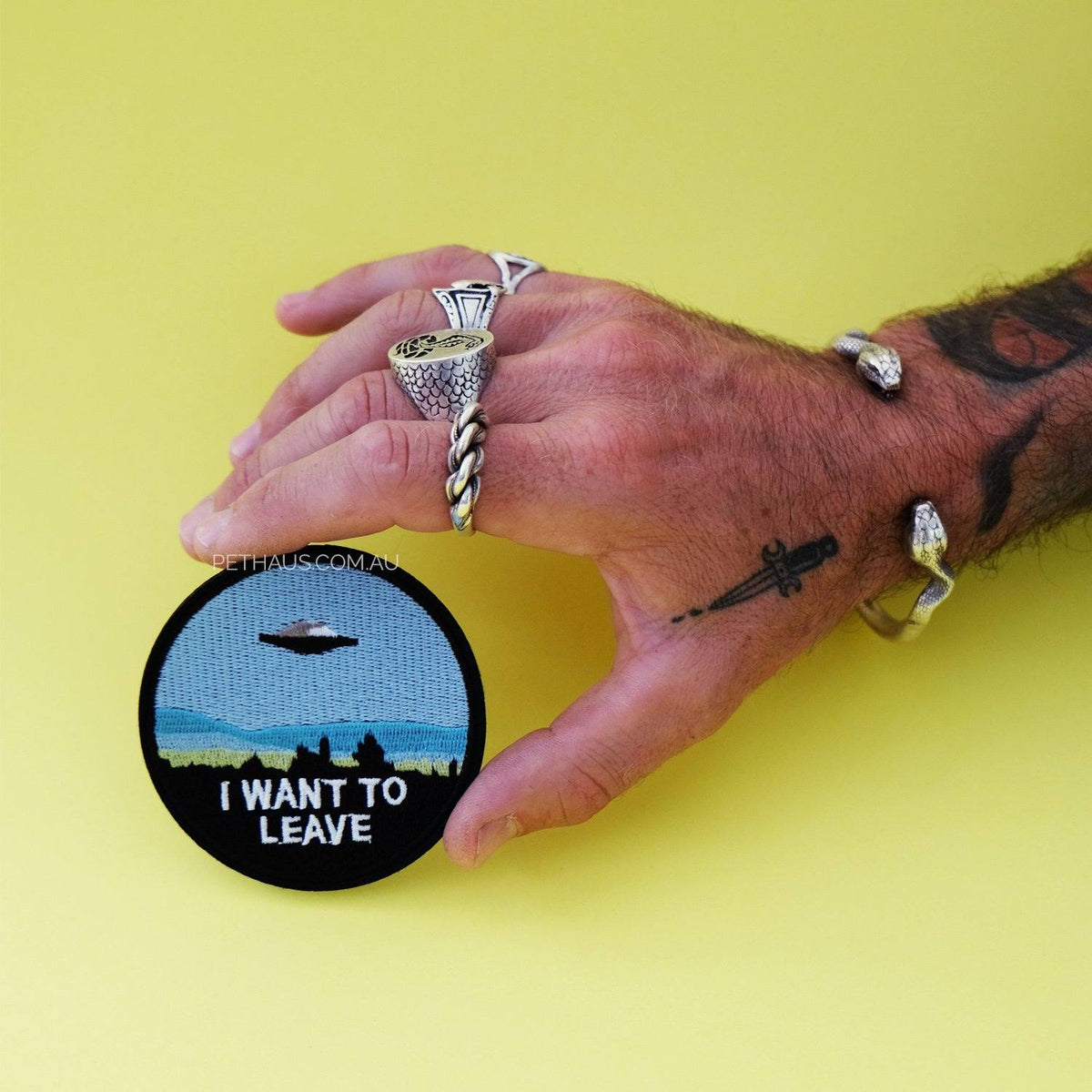 I want to leave embroidered patch, space patch, aliens patch, cool patch