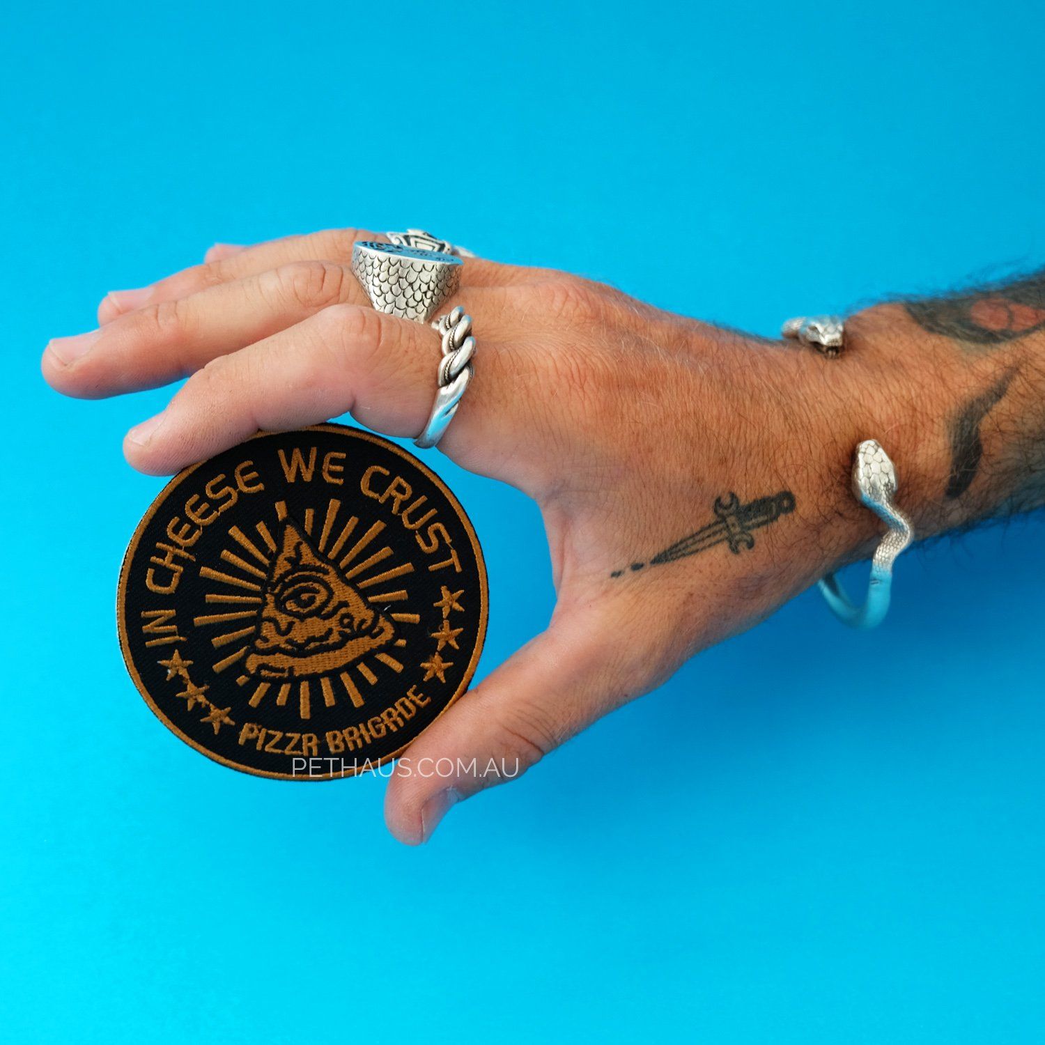 In cheese we crust patch, pizza patch, cheese patch, cheese lovers patch