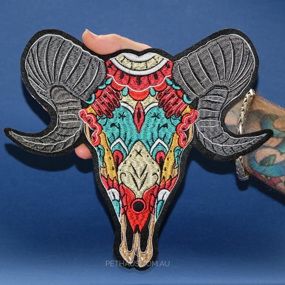 goat skull patch, back patch, large embroidered patch, skull patch, dog patch, Pethaus