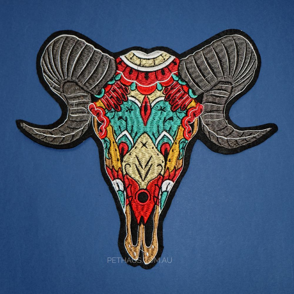 goat skull patch, back patch, large embroidered patch, skull patch, dog patch, Pethaus