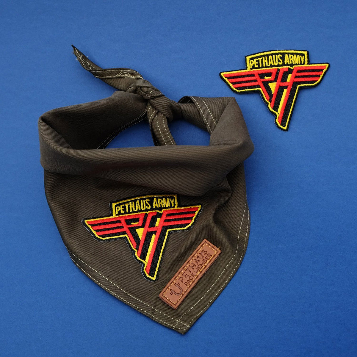 Pethaus army patch, army green dog bandana, patched dog bandana, dog patch