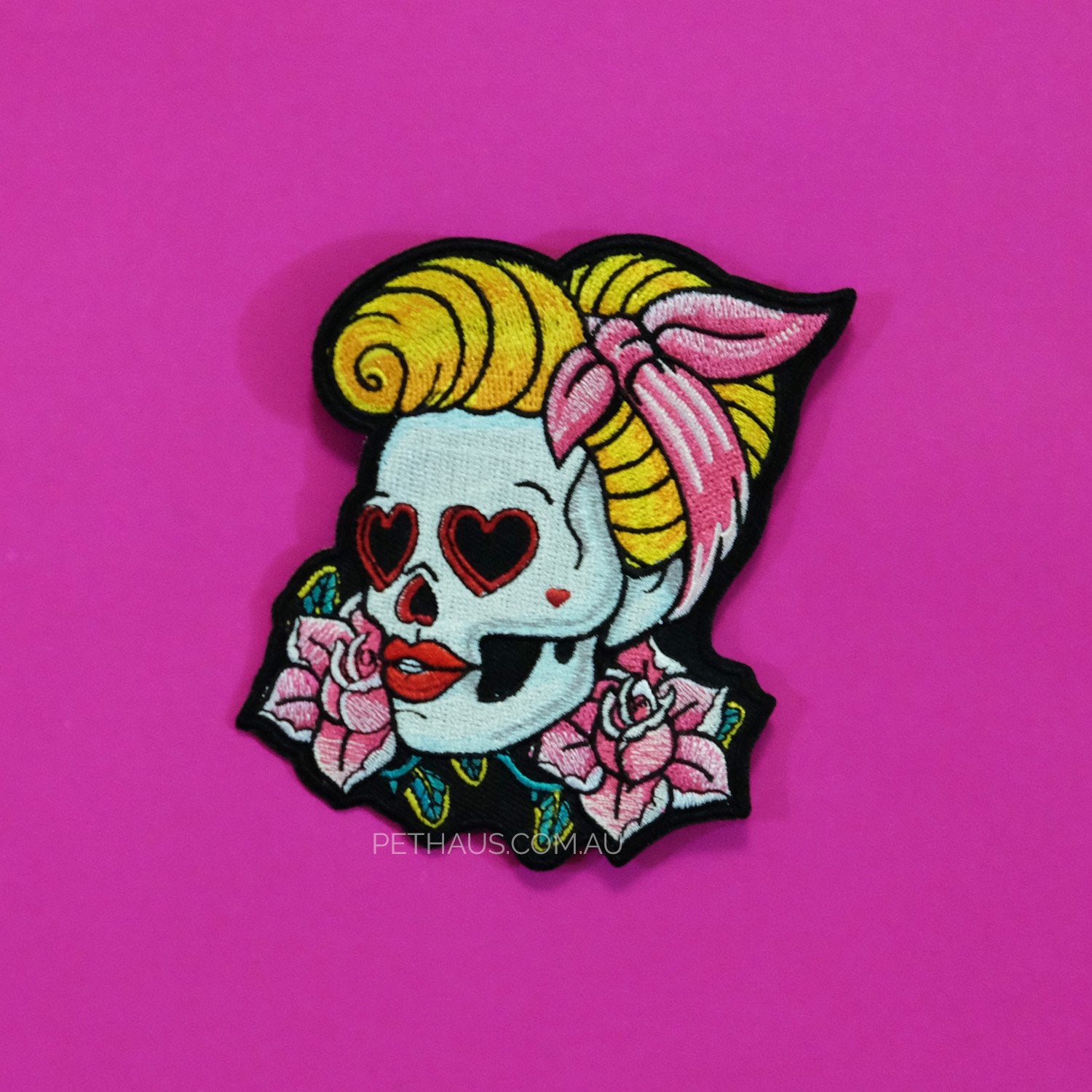 rockabilly girl patch, pin up girl patch, day of the dead patch, tattoo style patch, skull patch