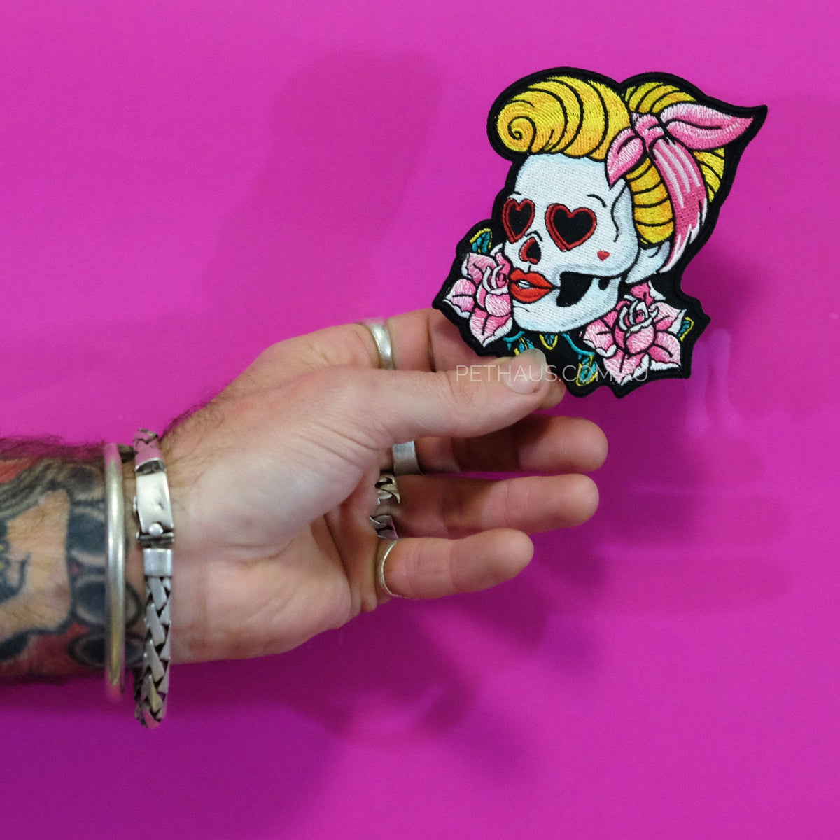 rockabilly girl patch, pin up girl patch, day of the dead patch, tattoo style patch, skull patch