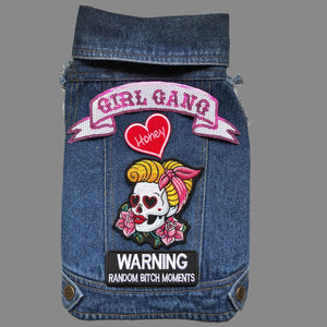 rockabilly girl patch, pin up girl patch, day of the dead patch, tattoo style patch, skull patch, denim dog vest, cool dog coat, dog jacket