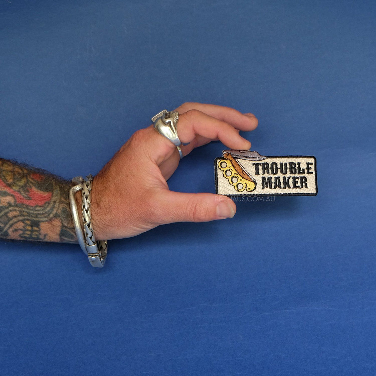 trouble maker patch, switchblade patch, pethaus, dog patch, Tattoo style patch, knife patch, English toy terrier, toy manchester terrier