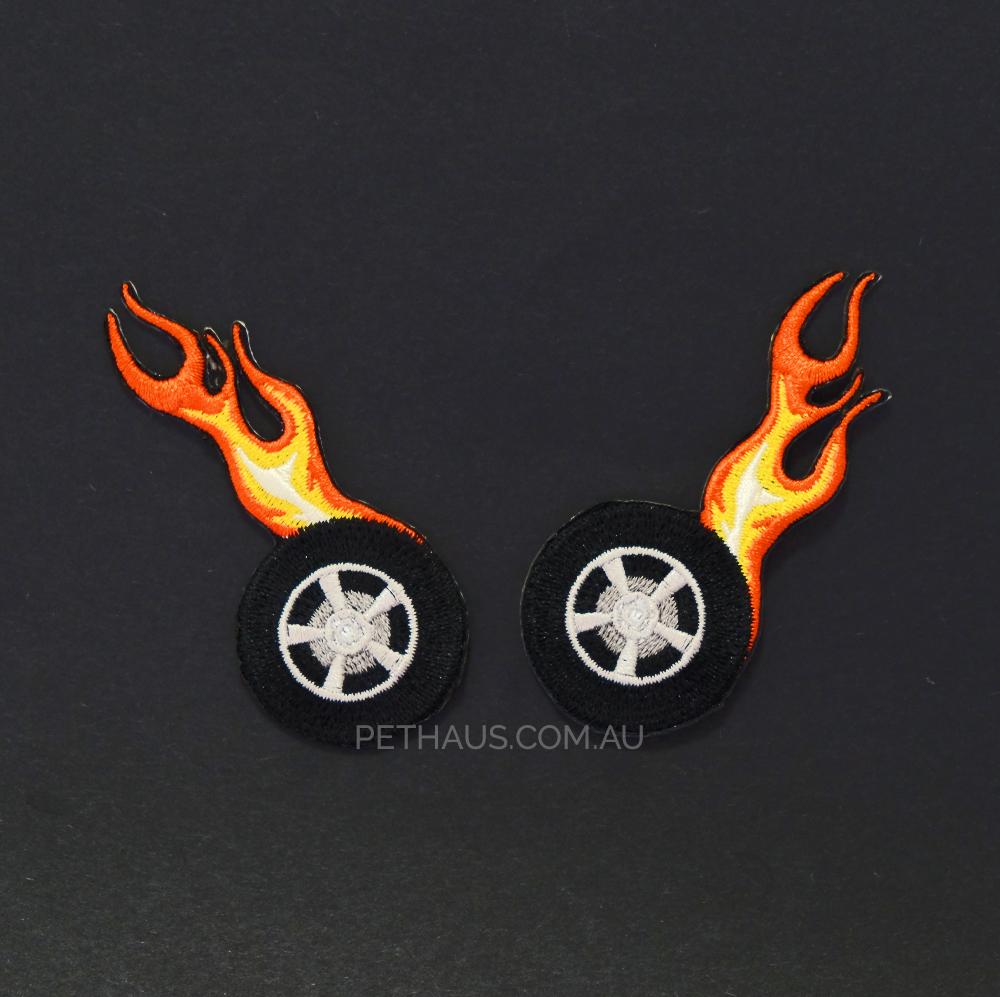 wheels of fire patch, tire on fire patch, fire patch, bandana patch, Pethaus, patch for dog,