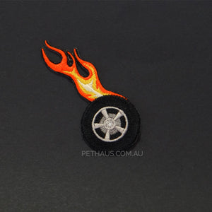 wheels of fire patch, tire on fire patch, fire patch, bandana patch, Pethaus, patch for dog,