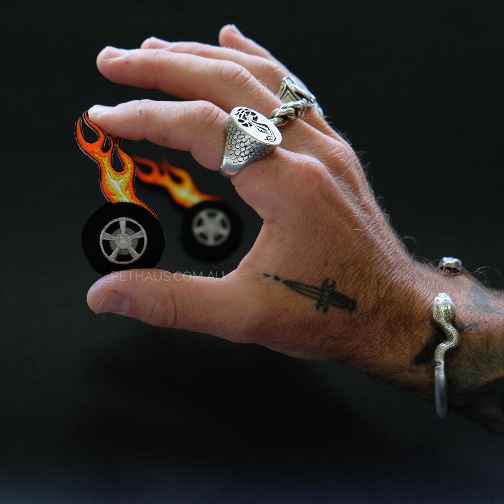 wheels of fire patch, tire on fire patch, fire patch, bandana patch, Pethaus, patch for dog,