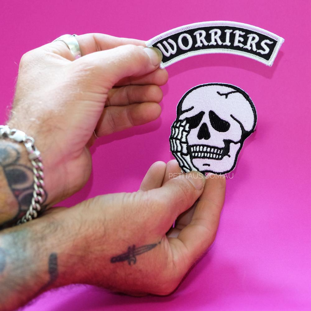 world famous original, worriers patch, worriers patch set, back patch, skull patch, pethaus