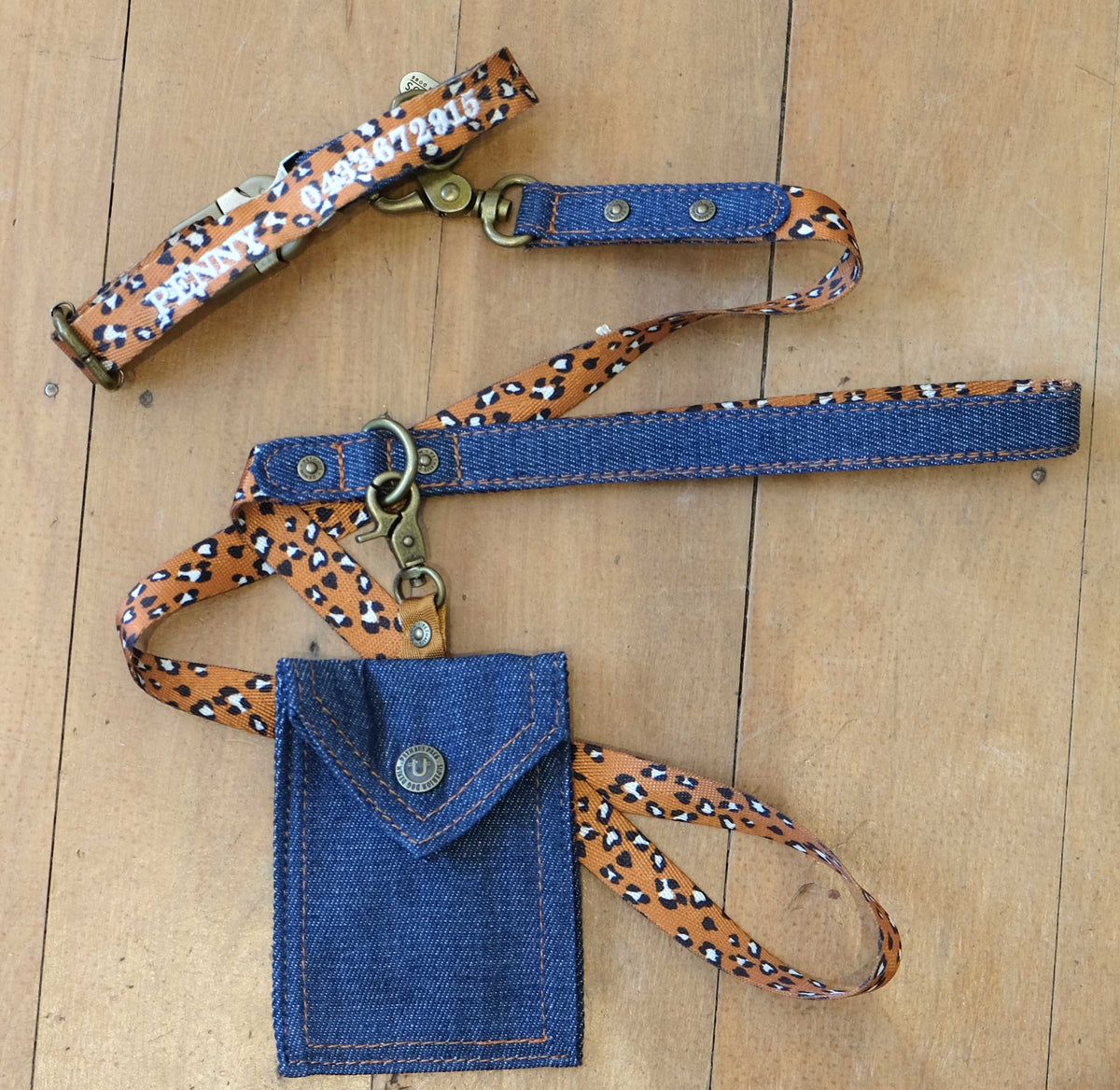 personalised embroidered dog collar, leopard print dog collar with dogs name and phone number, Australian made custom dog collar