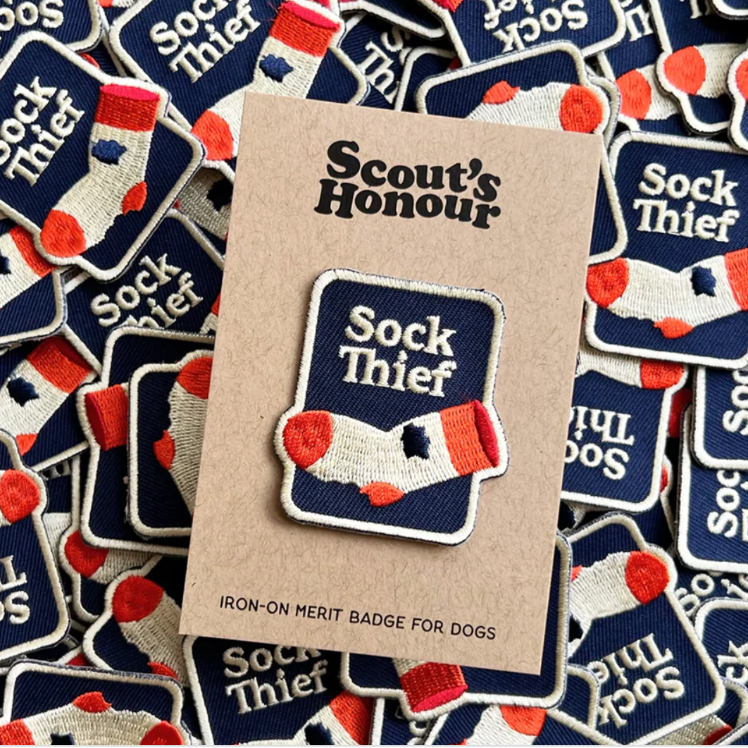 Sock thief embroidered patch for dogs by Scouts honour, funny dog patch