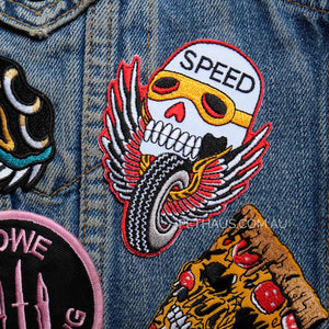 Speed demon patch, racing patch, thrillhaus patch, rockabilly patch, skull patch, Pethaus